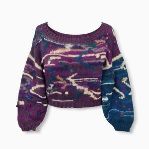 Vintage Hand Knit Irish Wool 90s Colorblock Bobble Sweater Balloon Sleeve Medium